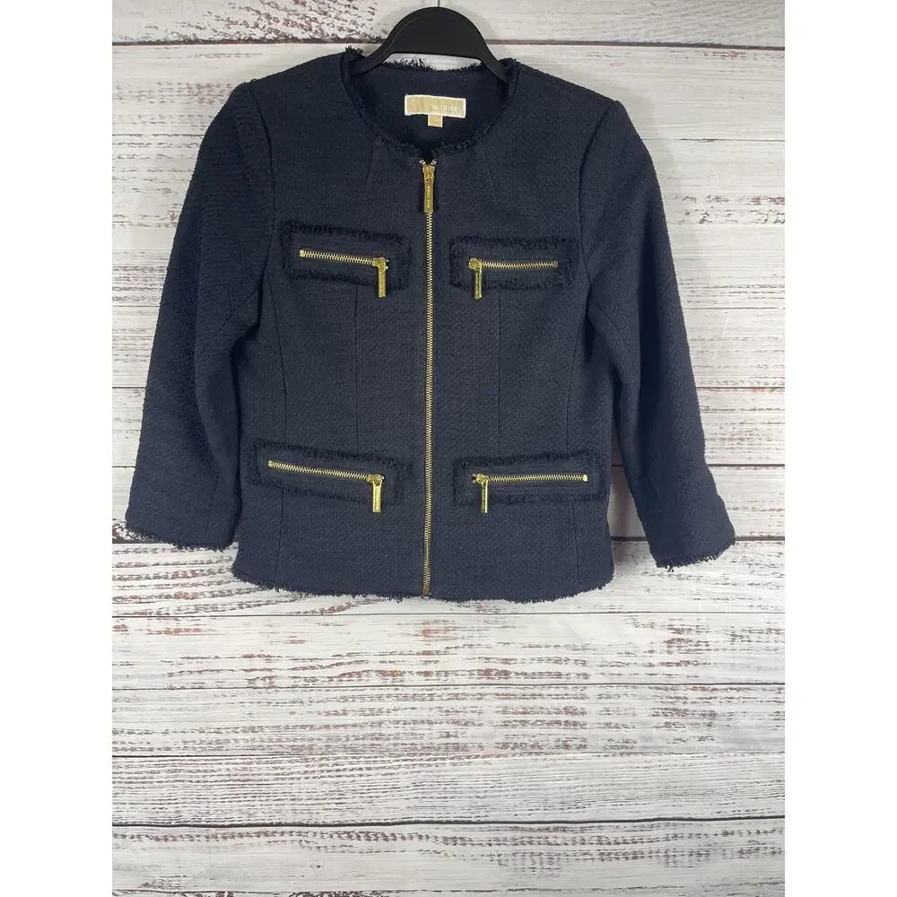 Michael Michael Kors Jacket Women's Size 4 Black Zip Front Tweed Gold Zippers